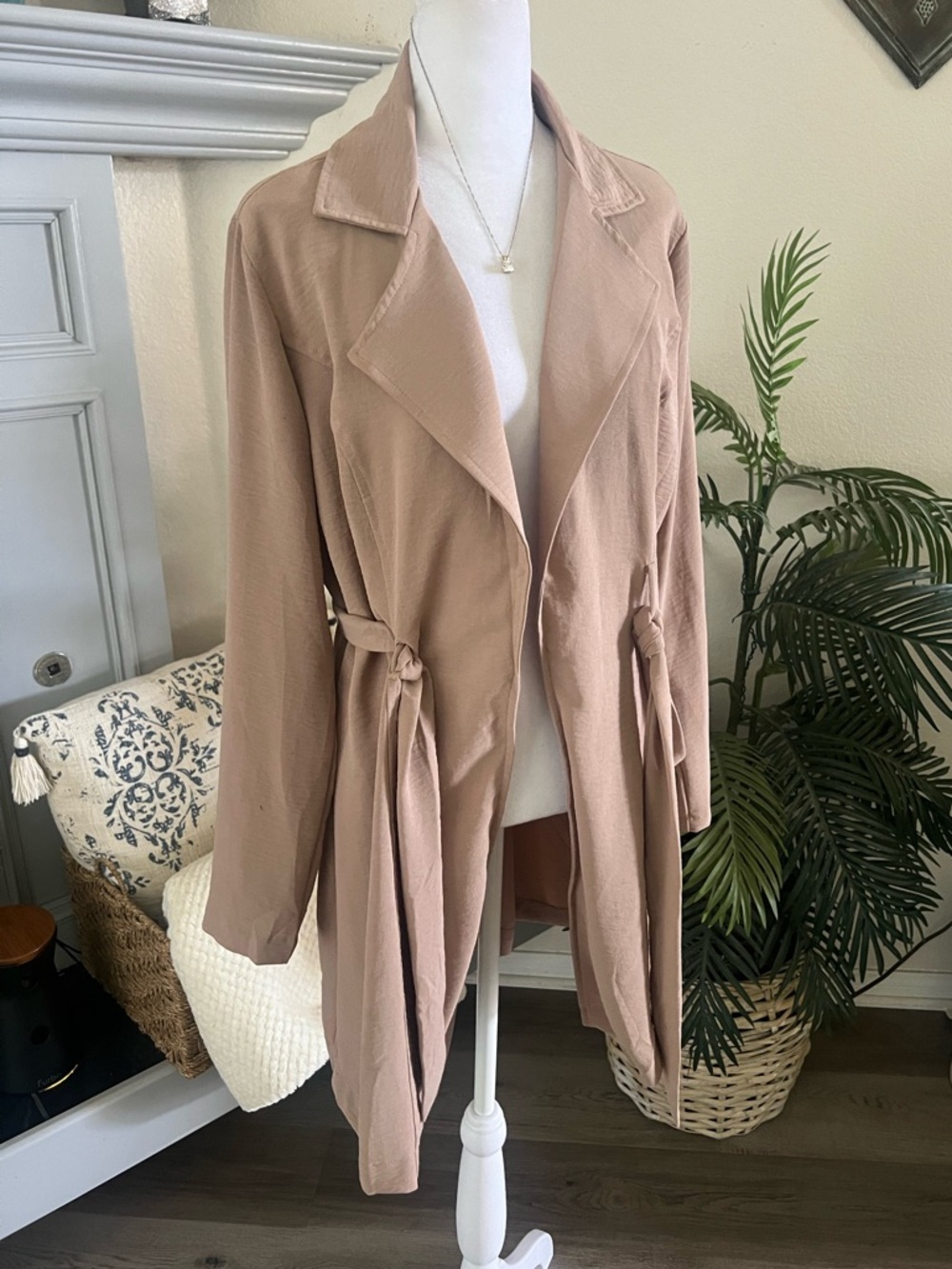 Misia Taupe Open-Front Tie-Waist Trench Coat